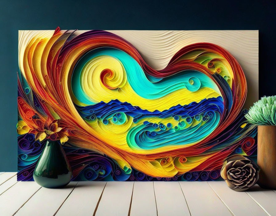 Colorful 3D paper art of abstract heart with swirling patterns on teal wall