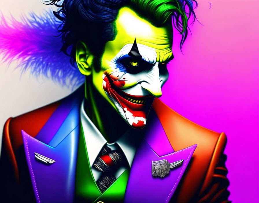 Vibrant Joker Artwork: Colorful Suit, Exaggerated Smile, Purple Background