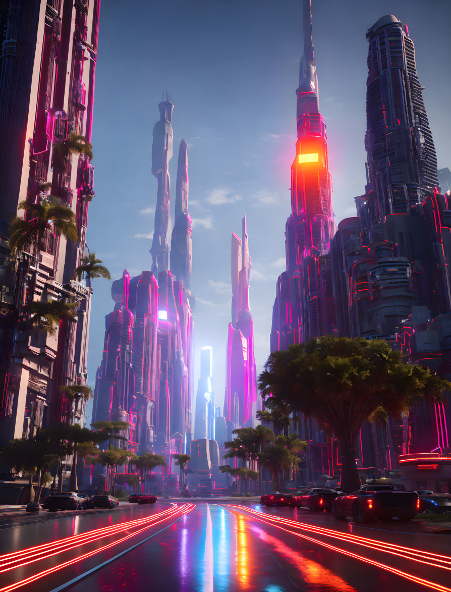 Vibrant futuristic cityscape with skyscrapers and neon lights