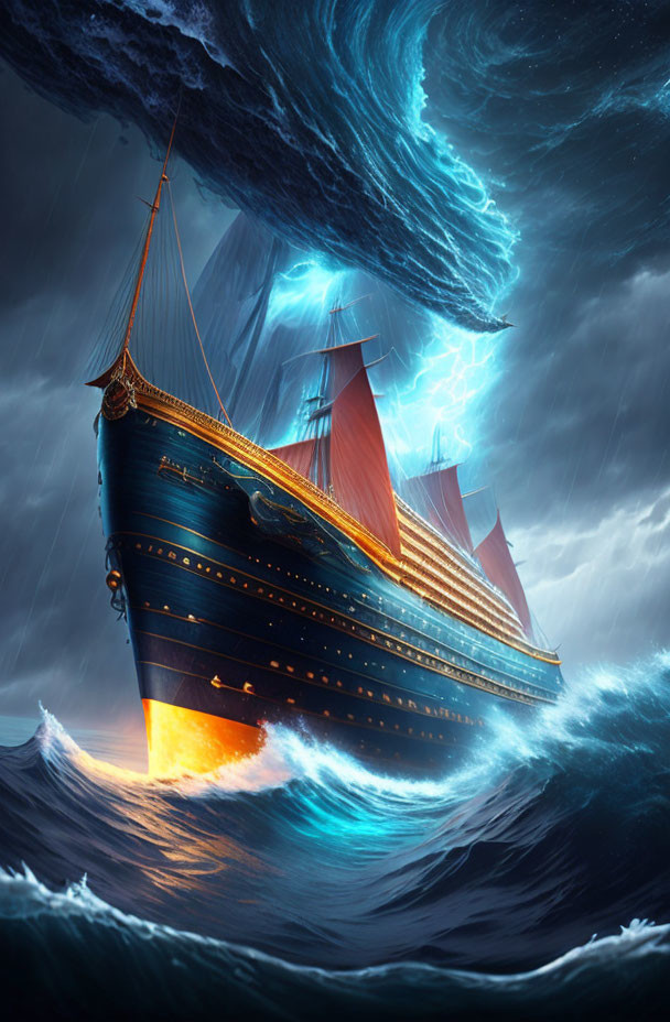 Glowing ship sailing in stormy seascape with lightning