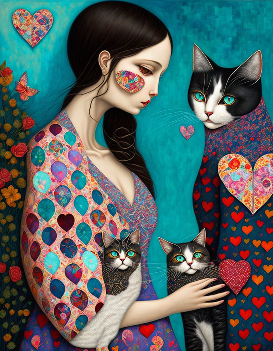 Woman in patterned dress holds heart with two cats on turquoise background.