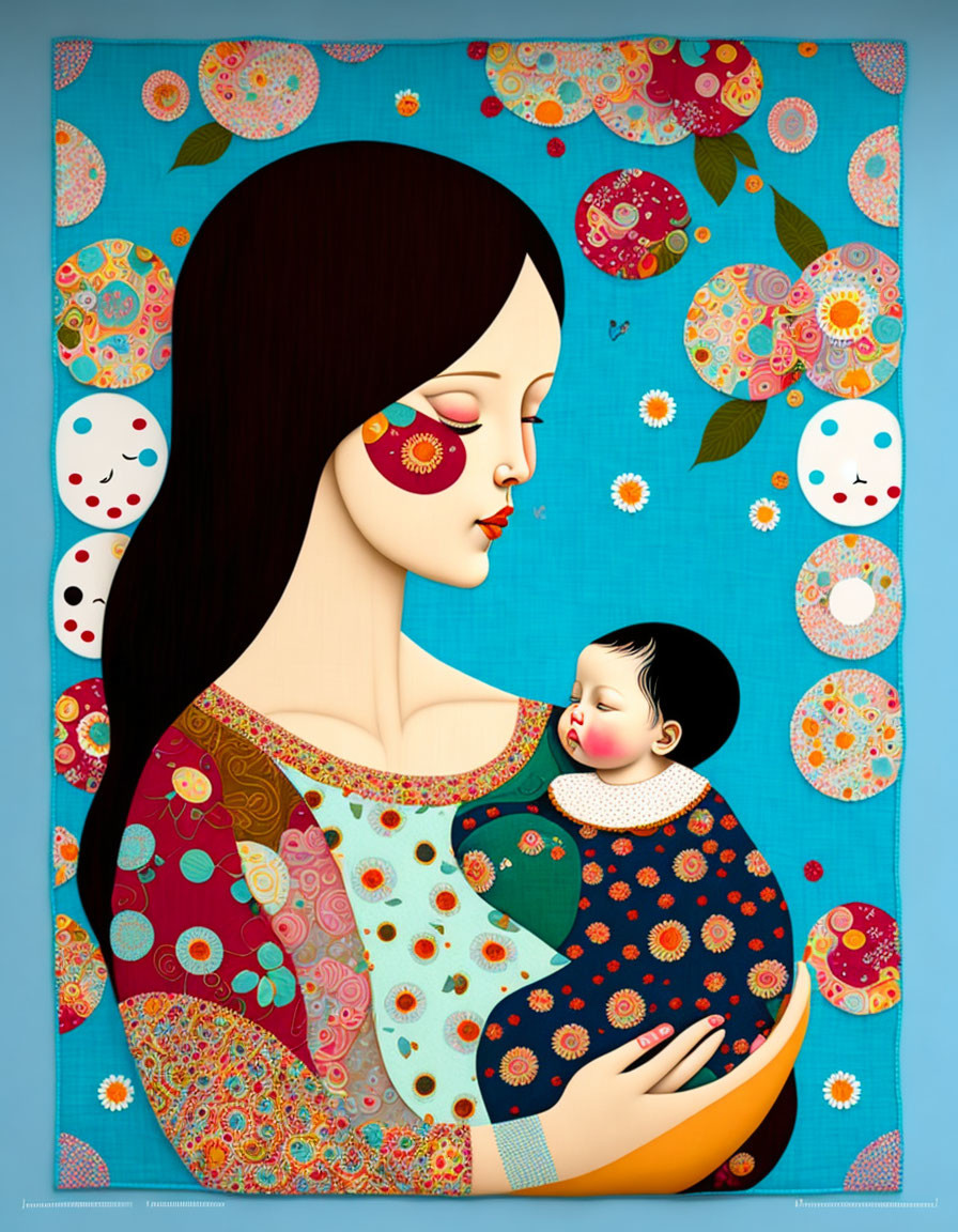 Woman holding sleeping infant on blue background with patterned circles.