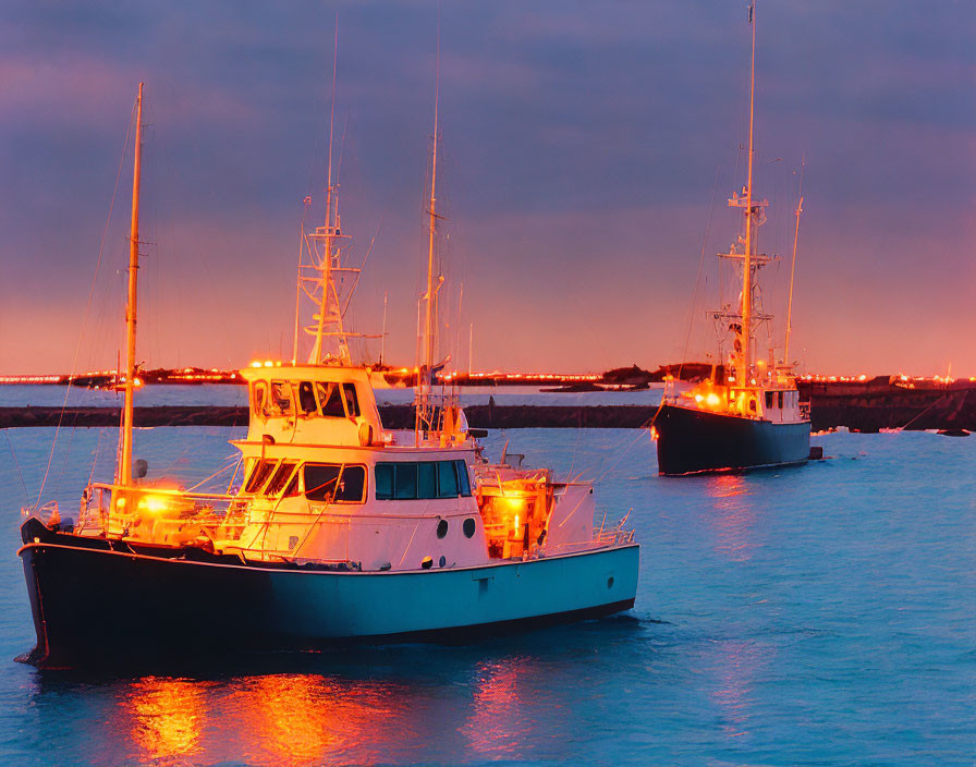 Fishing boats anchored in calm waters at dusk under gradient sky