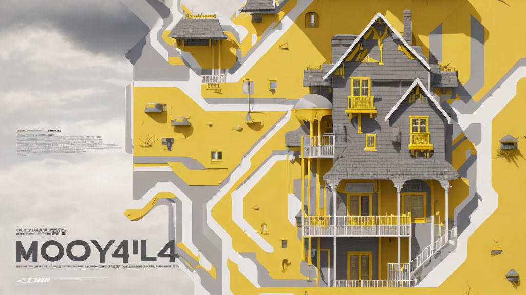 Whimsical yellow building with intricate designs on flat mural backdrop