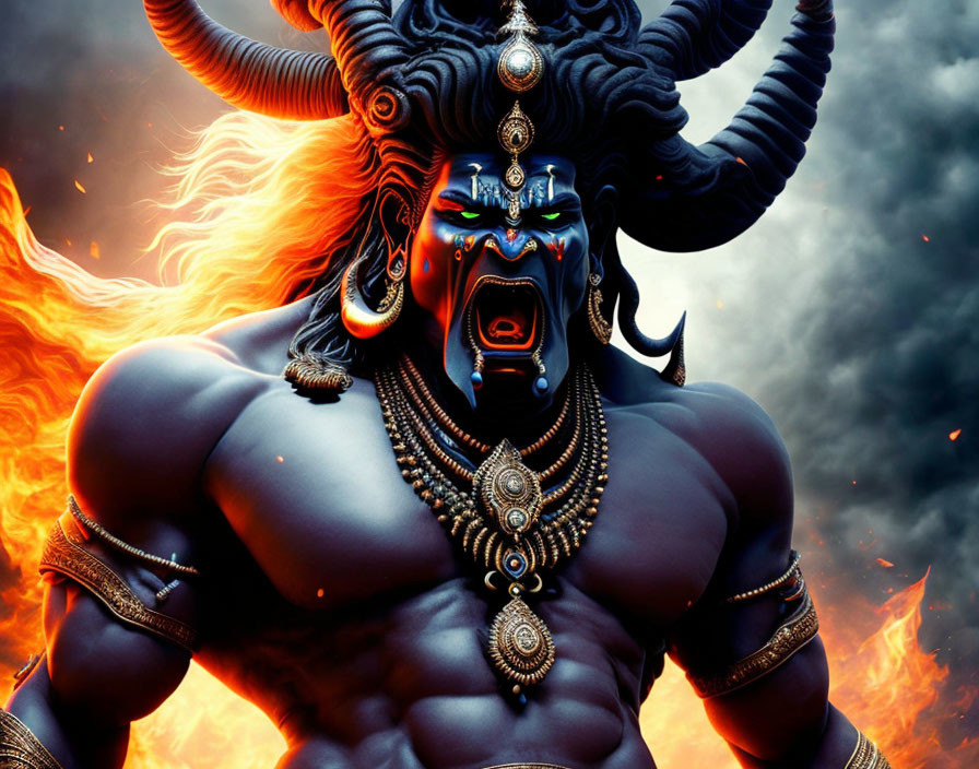 Blue-skinned deity with horns and golden ornaments in fiery background