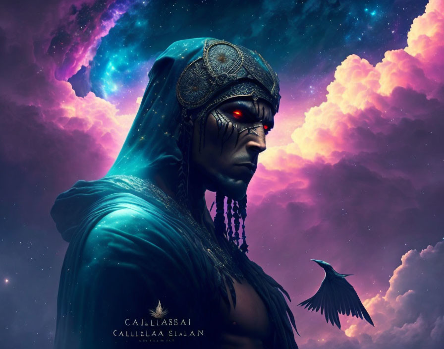 Mystical figure with crow in cosmic nebula setting