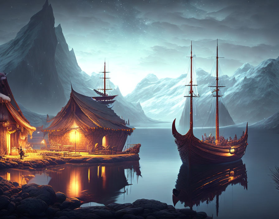 Traditional Viking longships at night near illuminated tents, tranquil waters, mountains, starry sky