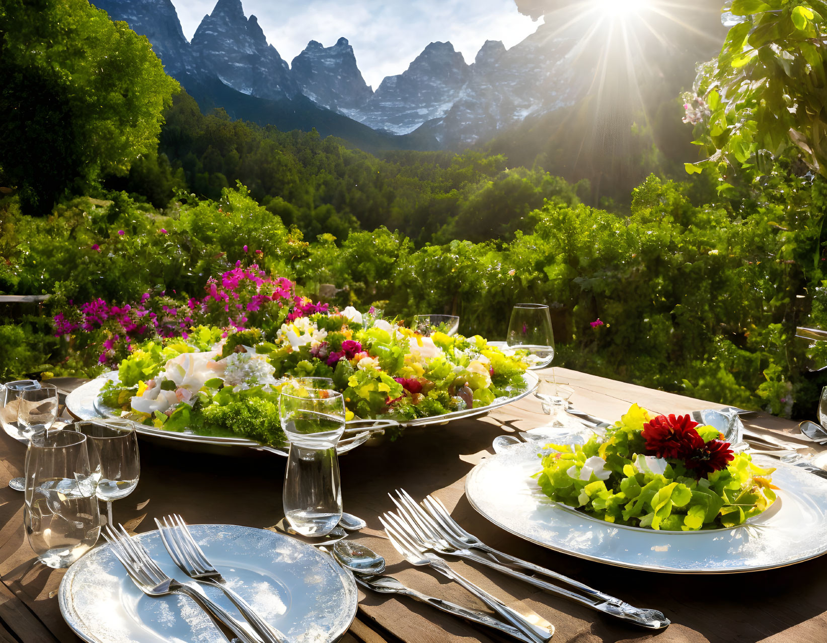 Outdoor Dining Table Set with Salads and Glasses Against Mountainous Backdrop