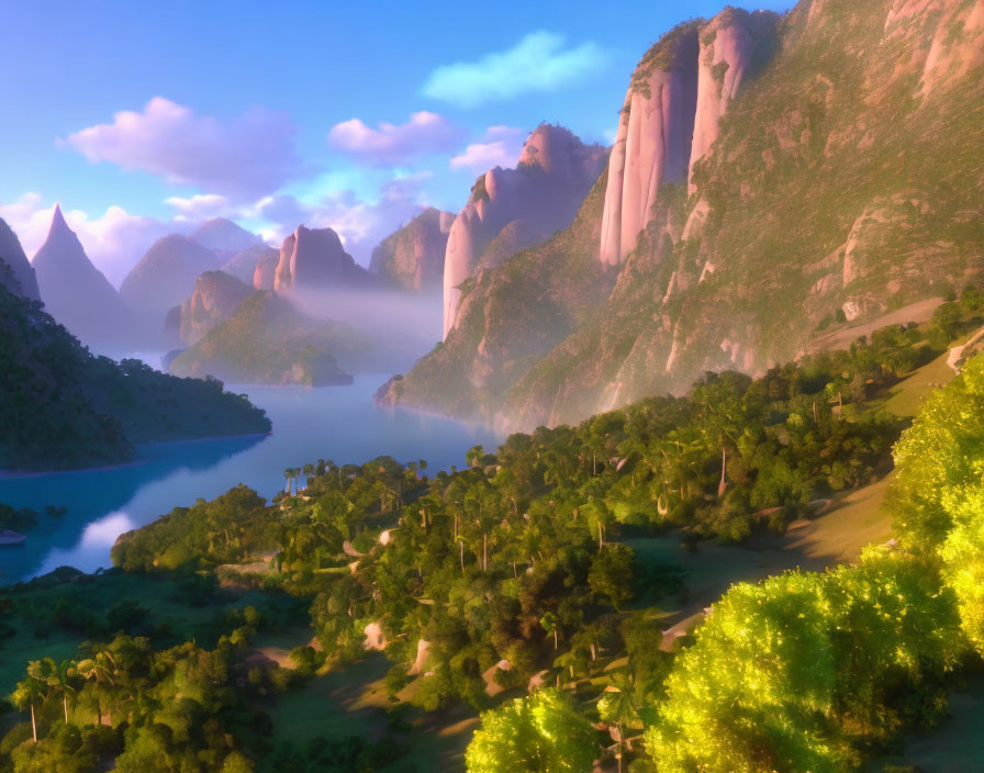 Tranquil sunrise landscape with lush greenery and towering cliffs