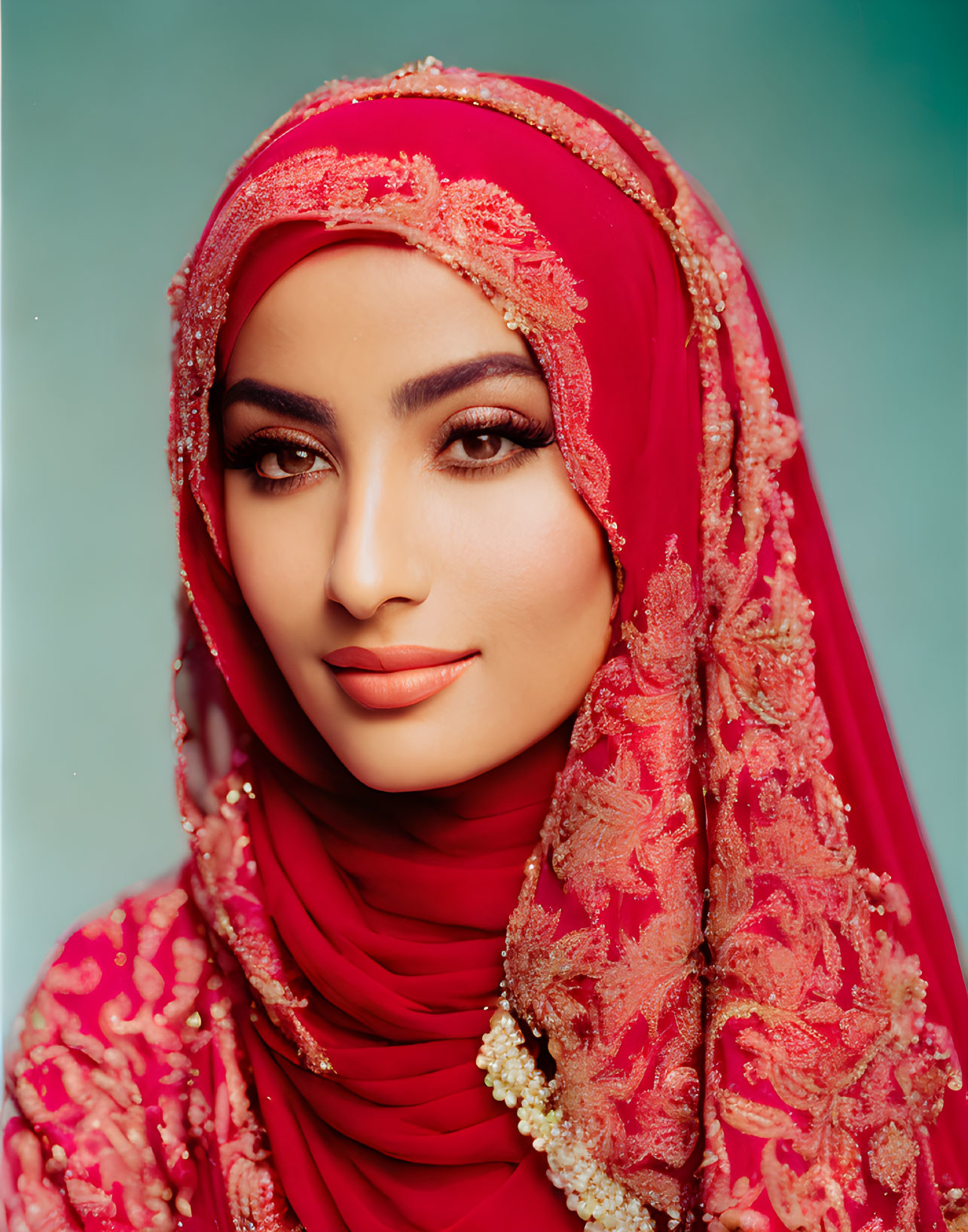 Red Hijab Woman with Embroidery on Teal Background