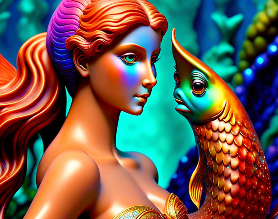 Vibrant digital art: stylized woman with rainbow hair and golden fish in coral setting