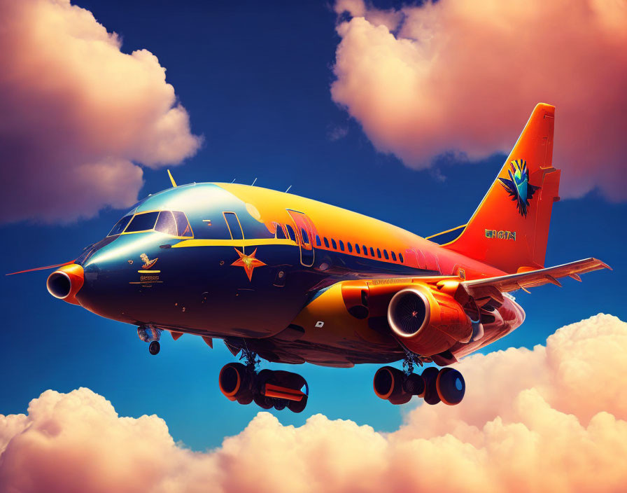 Colorful Aircraft Flying in Blue Sky with Orange and Yellow Star Motifs