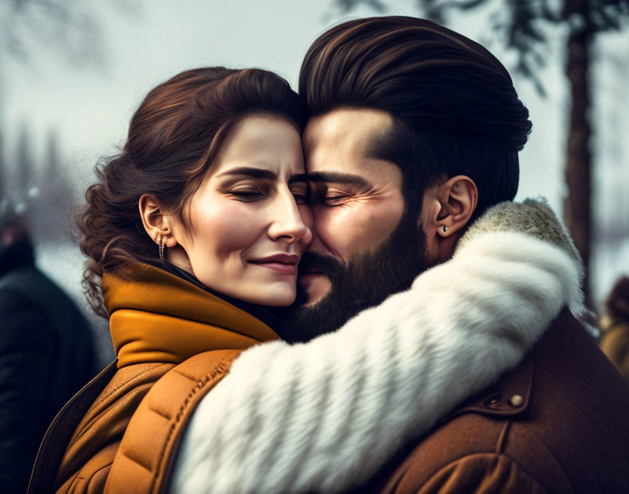 Couple embracing in winter setting with trees and people in background