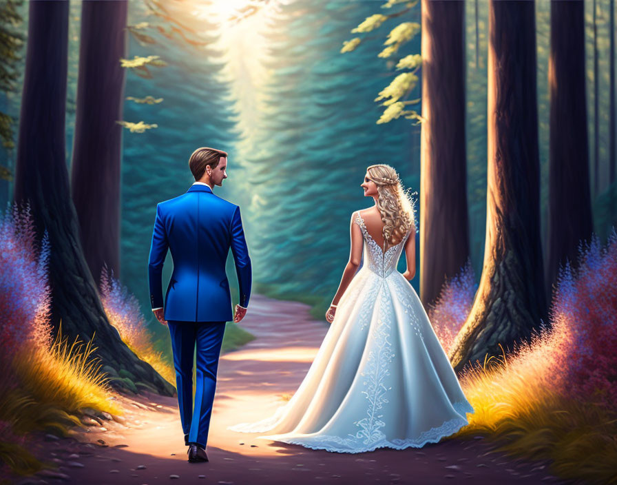 Wedding couple walking in sunlit forest with colorful foliage