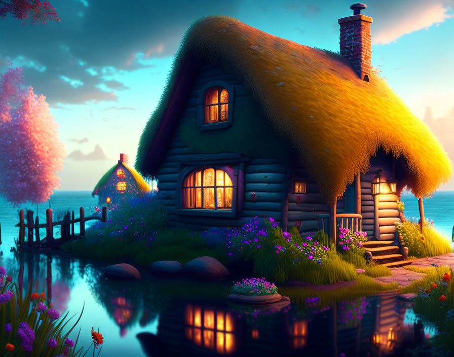 Thatched Cottage by Serene Lake at Dusk