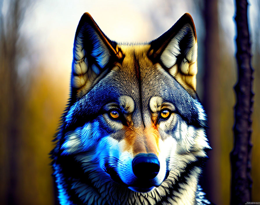 Detailed close-up of wolf's piercing eyes in autumn forest.