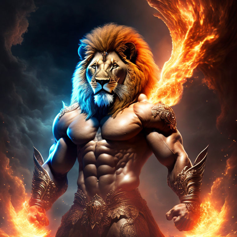 Lion-headed humanoid with fiery wings and arm bracers on dramatic background