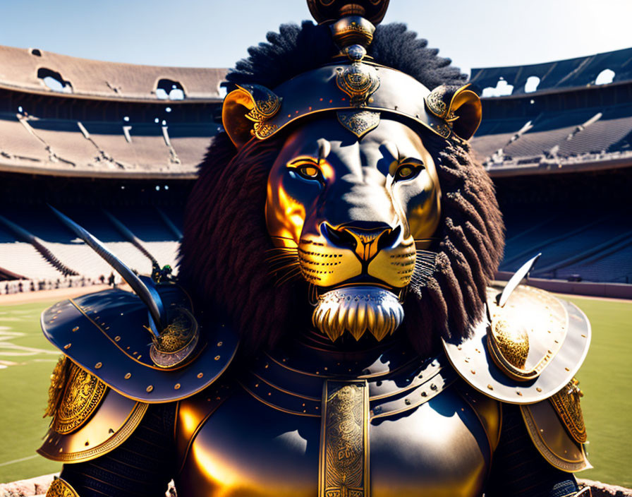 Anthropomorphic lion in ornate armor at stadium