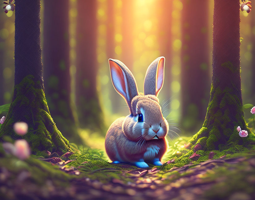 Tranquil rabbit in sunlit forest with vibrant greens and pink blossoms