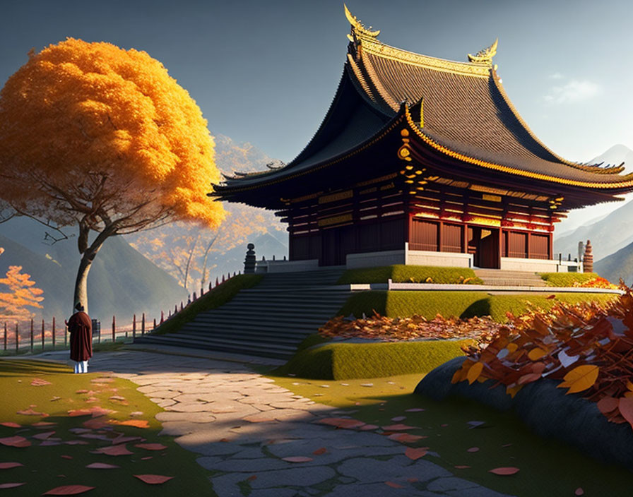 Autumn East Asian temple with orange tree and figure in red.