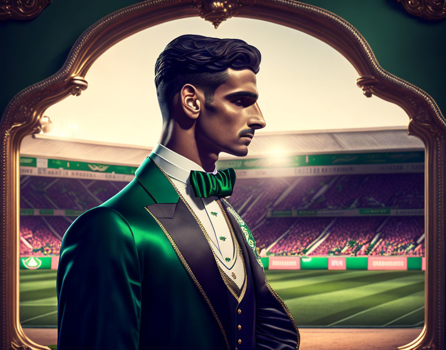 Stylized man in green suit with bow-tie, profile view, in front of football stadium