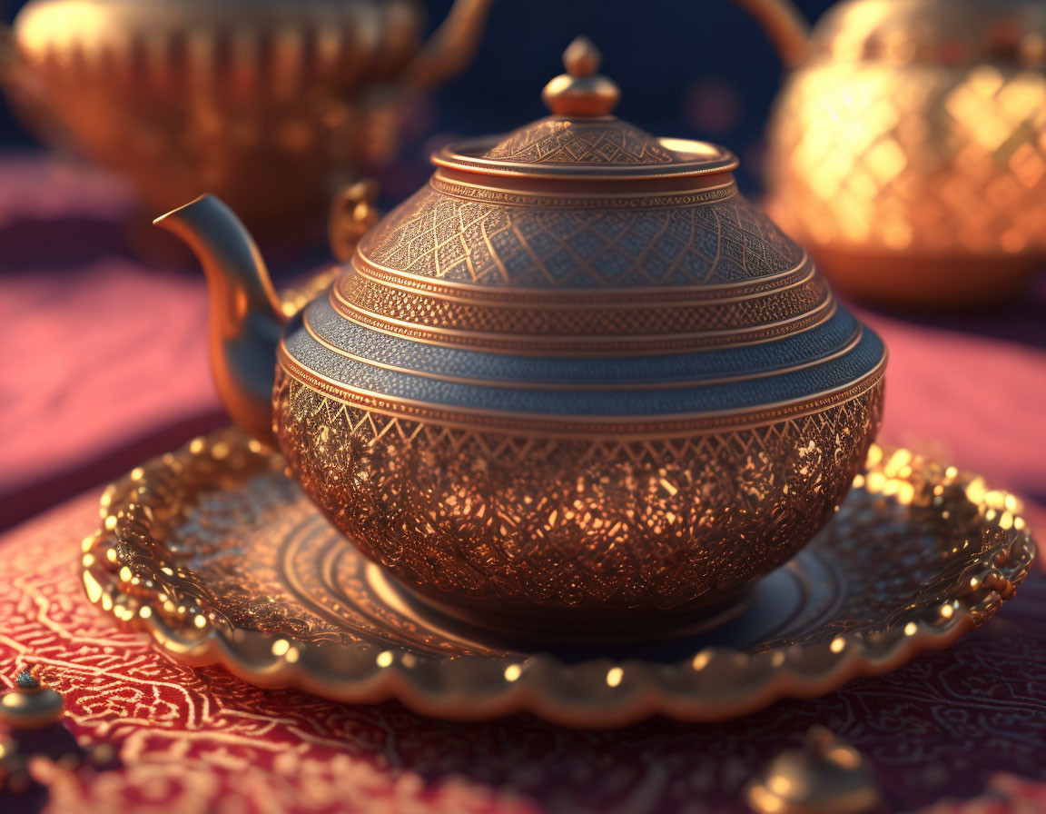 Bronze teapot with intricate patterns on matching saucer and red fabric background