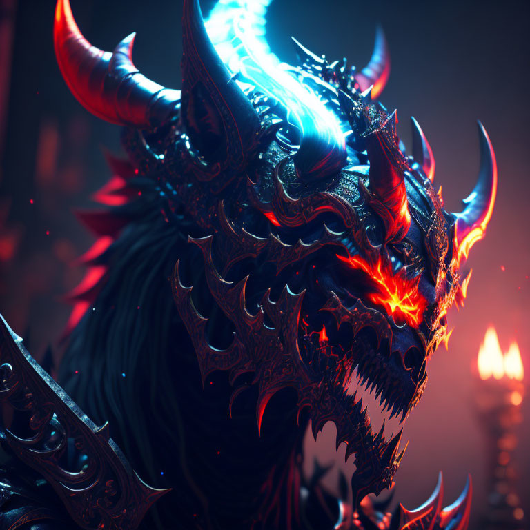 Fiery-eyed dragon head in intricate armor on dark, mystical background