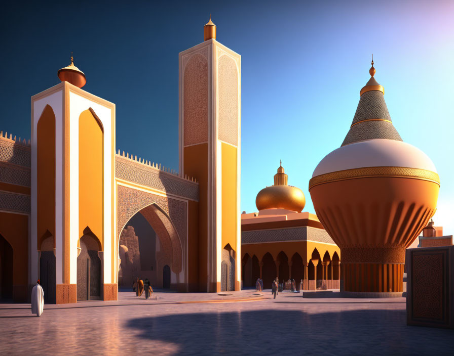 Grand Mosque Digital Rendering with Towering Minarets and Golden Domes