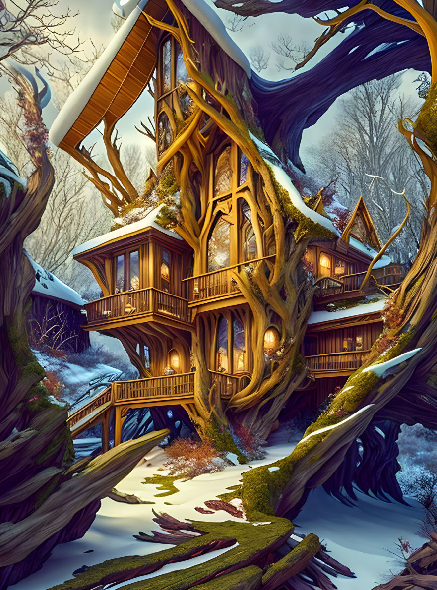 Multi-level treehouse with lit windows in winter forest