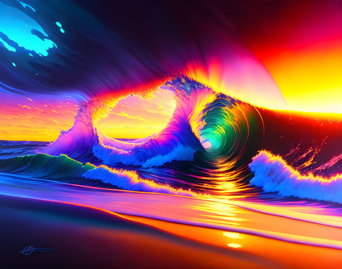 Surreal sunset digital art: multicolored waves in neon-lit sea