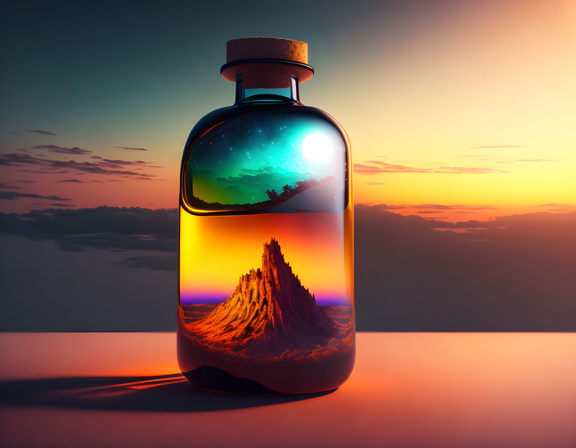 Glass Bottle Featuring Layered Landscape with Starry Sky, Moon, Sunset, and Mountains