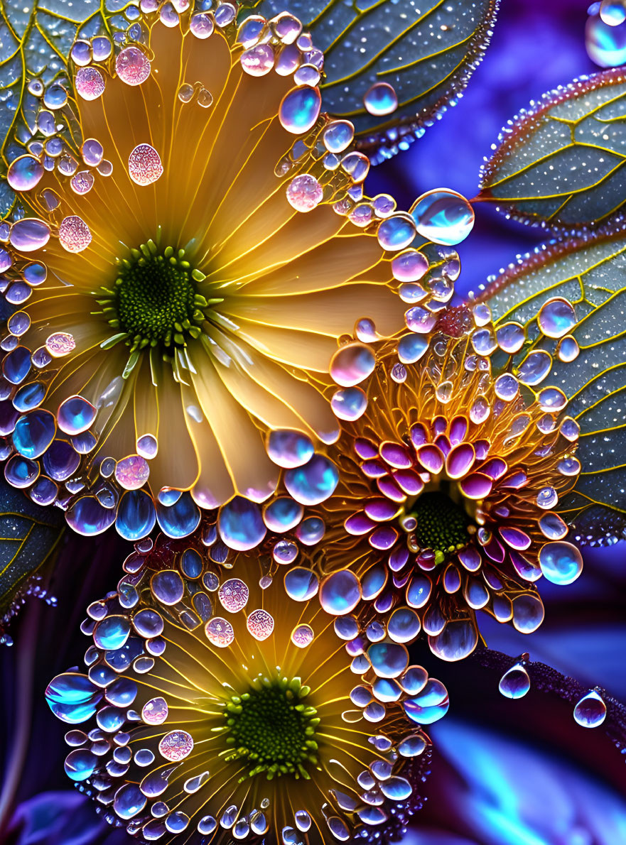 Colorful close-up of flowers with water droplets refracting light