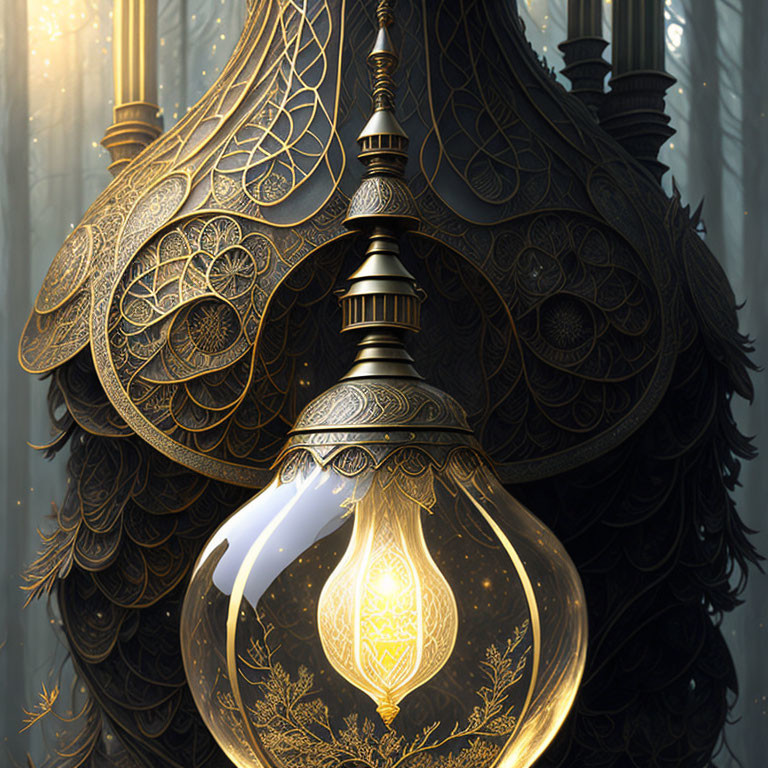 Intricate golden filigree design lamp in forest setting