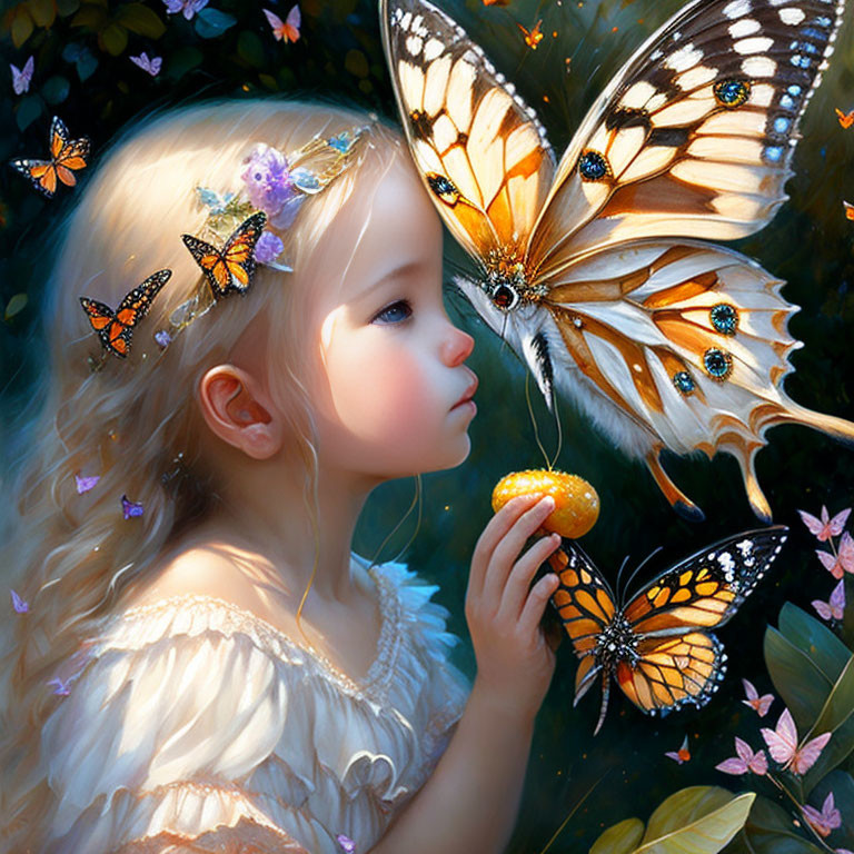 Young girl with flowers in hair and large butterfly in mystical nature setting