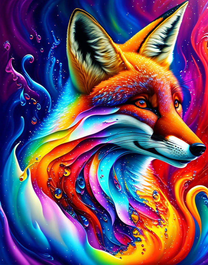 Colorful Fox Face Illustration with Psychedelic Patterns and Abstract Background