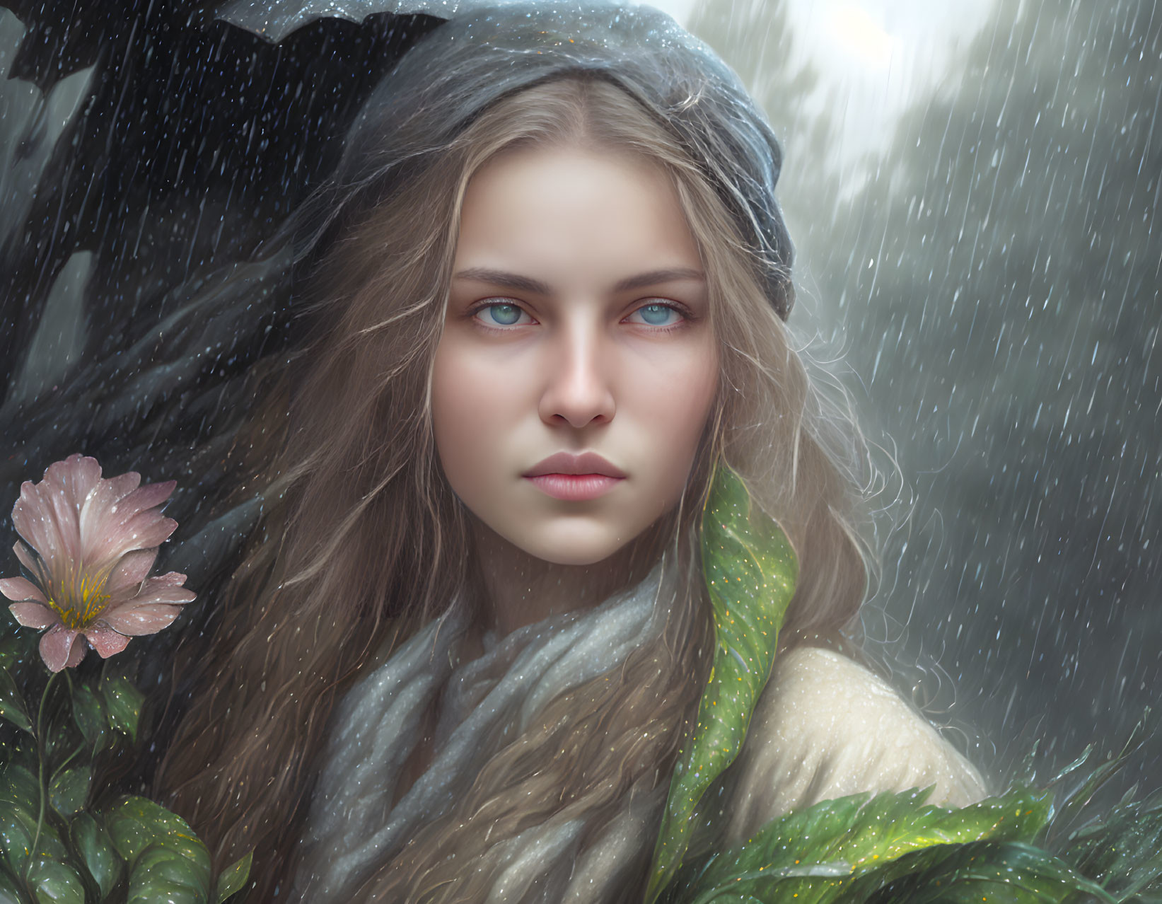 Young woman with blue eyes and blonde hair in shawl gazes in rain.