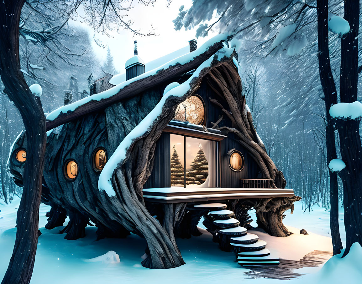 Snow-covered whimsical treehouse in enchanting winter scene