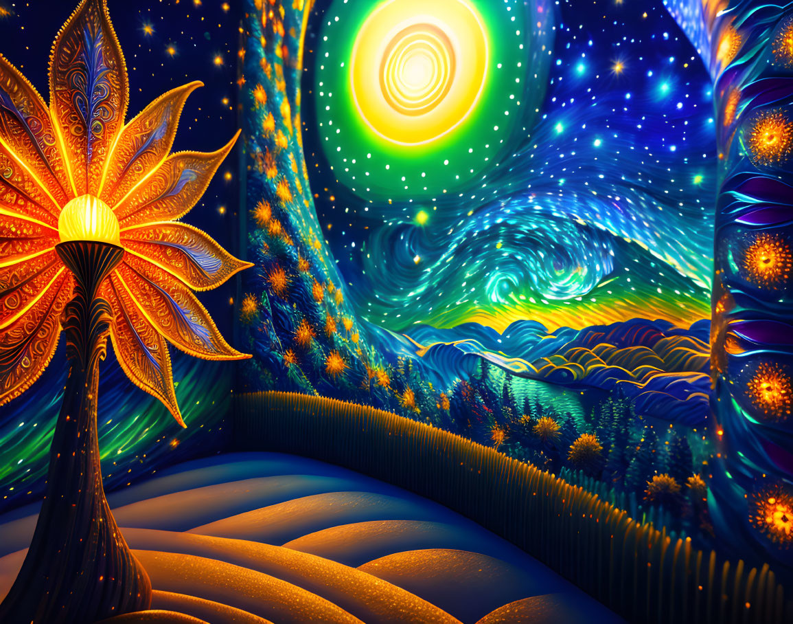 Colorful Psychedelic Landscape with Stylized Tree and Starry Sky