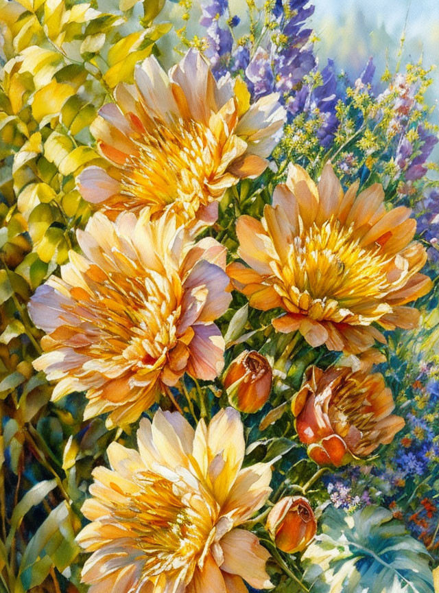 Colorful painting of yellow and orange flowers with green foliage and purple flora.