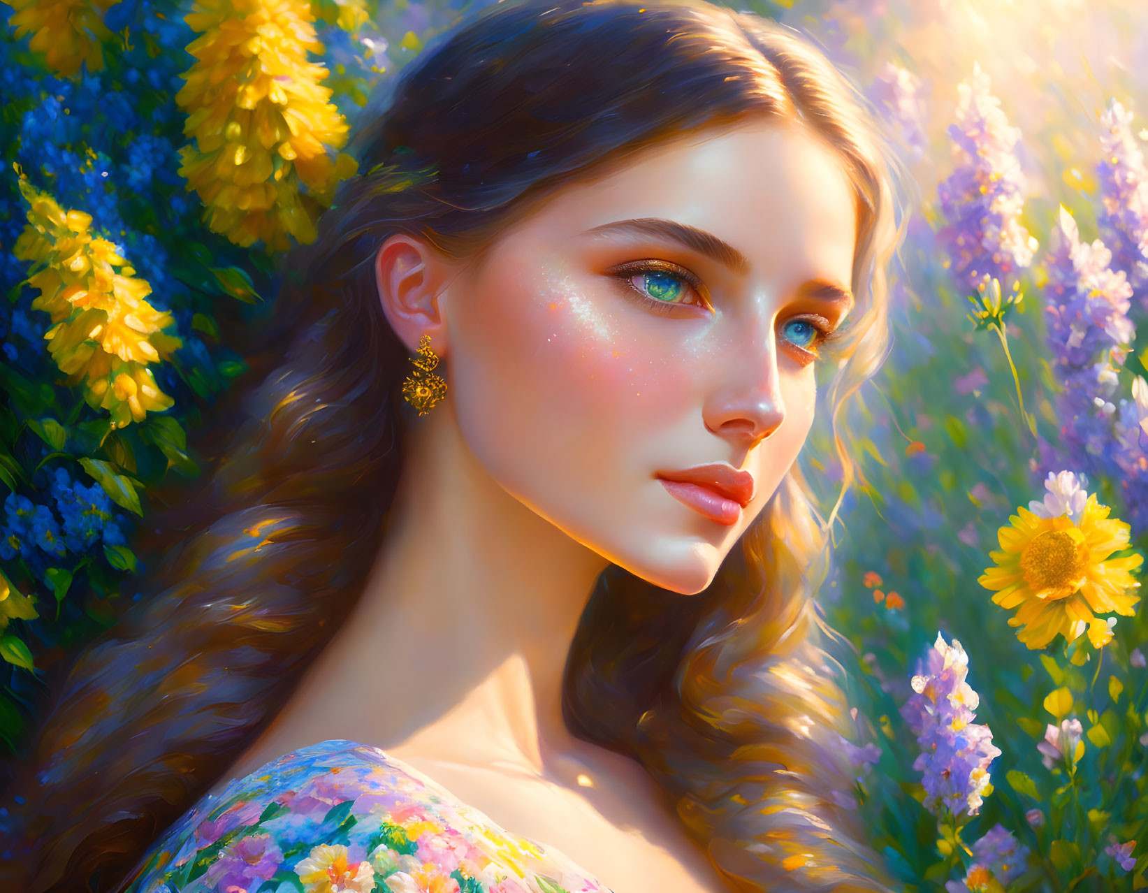 Young woman portrait with wavy hair and colorful flowers creating serene ambiance.