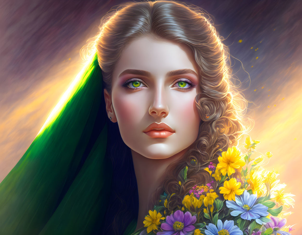 Digital painting of woman with green eyes, wavy hair, and flowers in radiant light