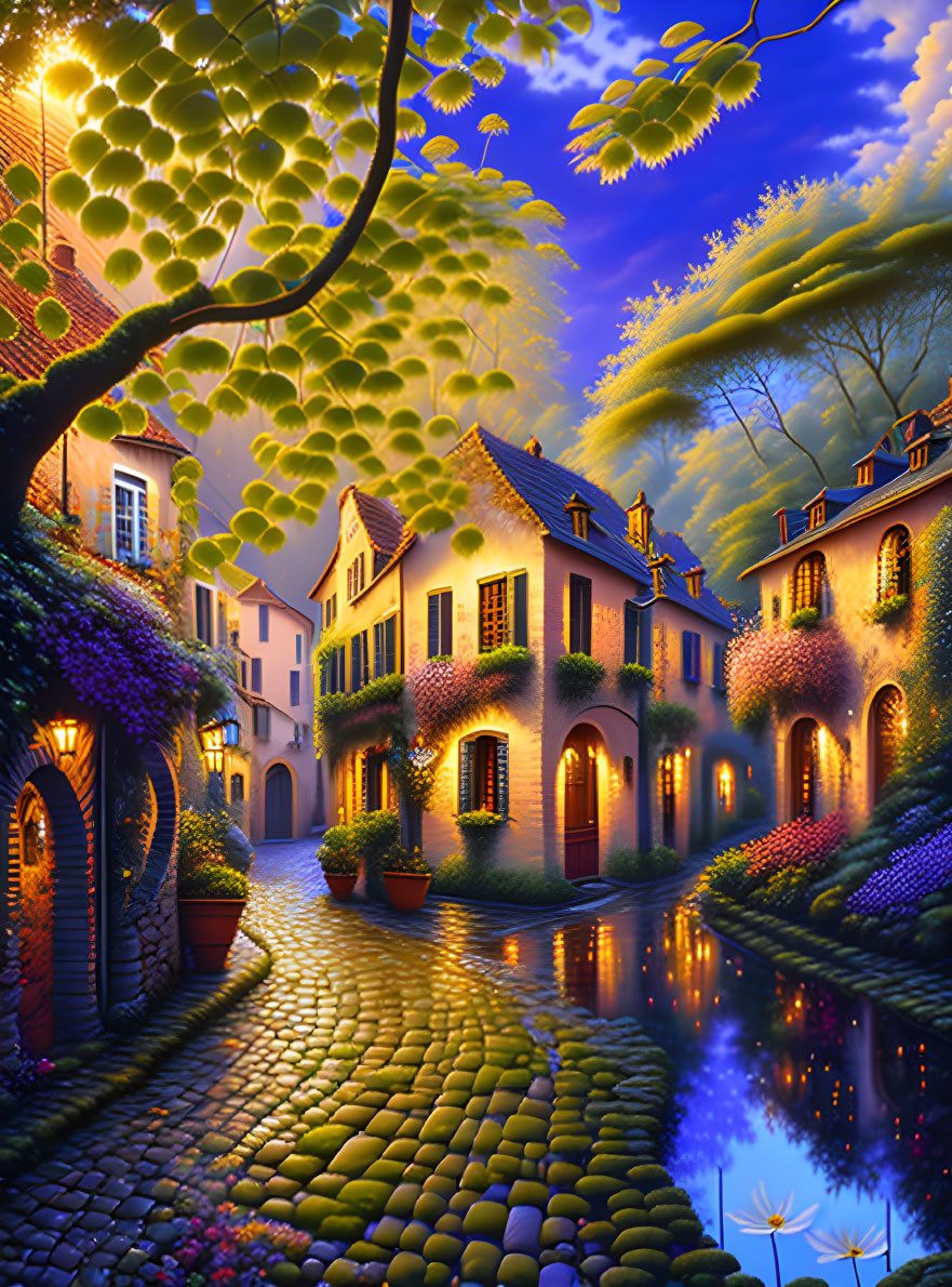 Quaint houses on cobblestone street by canal under twilight sky