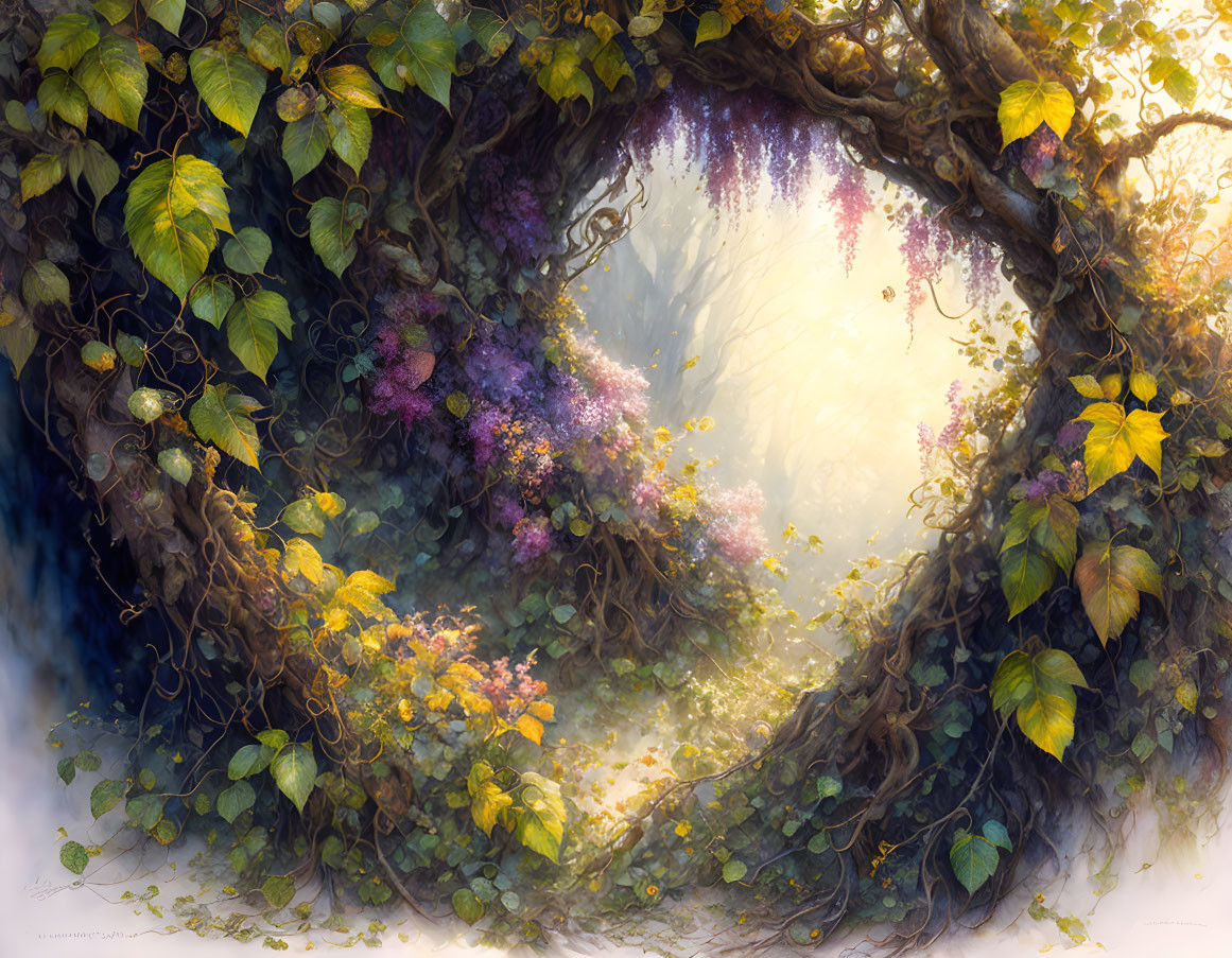 Heart-shaped frame with lush vines, leaves, colorful flowers, and soft light