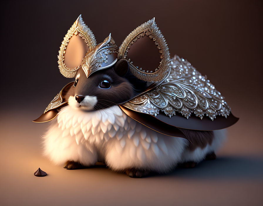 Whimsical creature with rabbit body and mouse head in fantasy armor