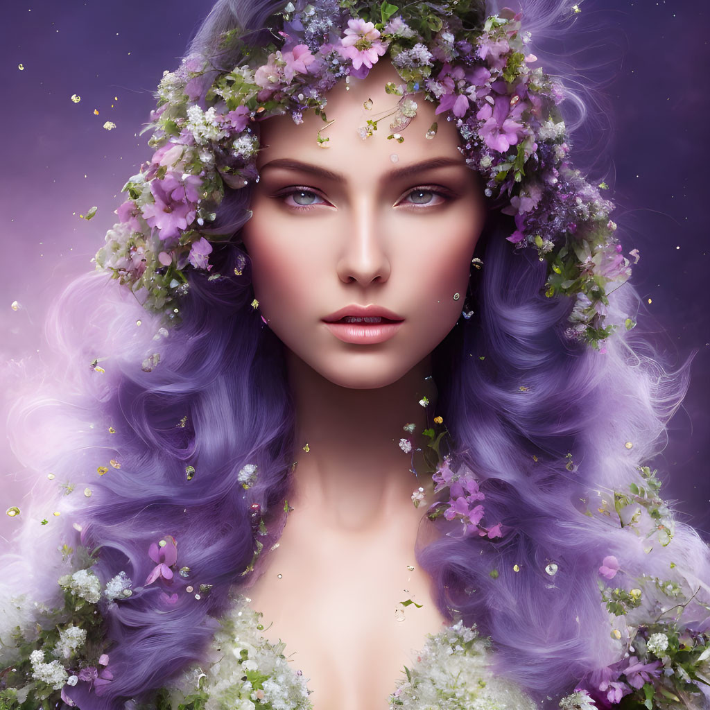 Portrait of person with purple hair and floral crown on violet background