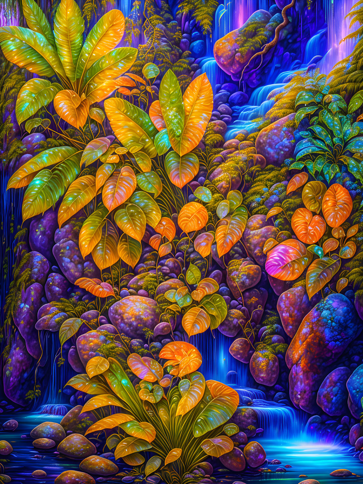 Surreal tropical forest with neon-lit foliage and purple rocks