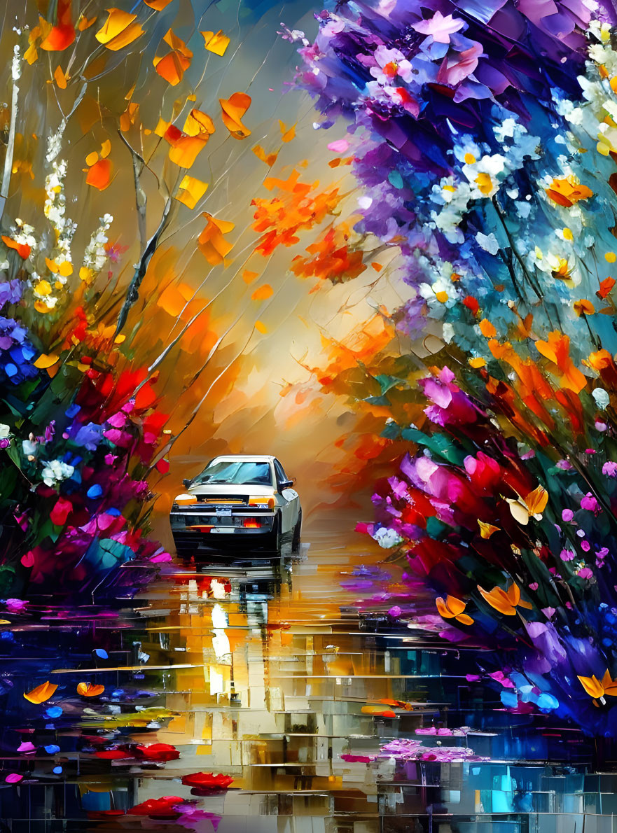 Colorful Impressionistic Painting of Car on Wet Road with Autumn Leaves