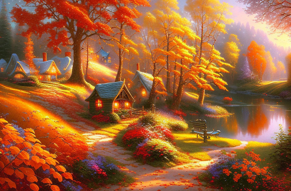 Tranquil autumn scene with glowing trees, lake, cottages, and colorful foliage