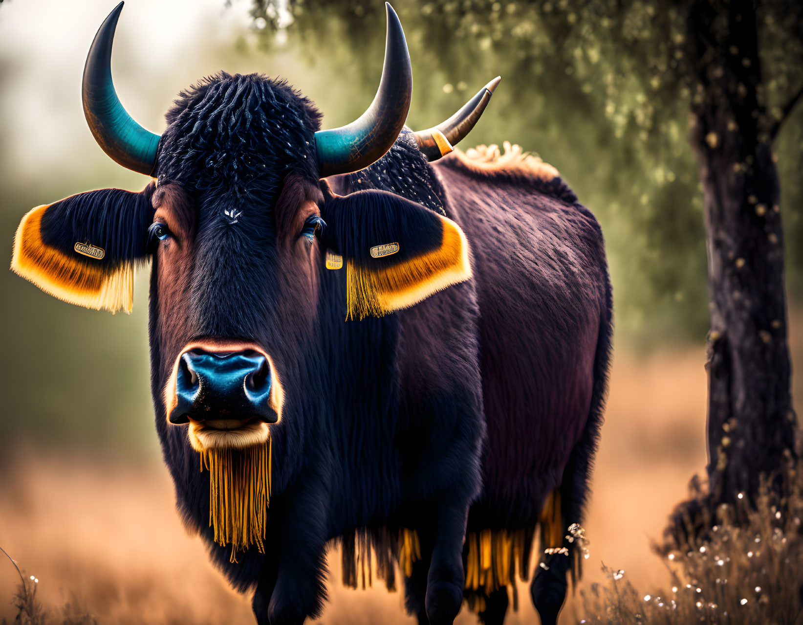 Dark-furred bull with curved horns in serene field landscape