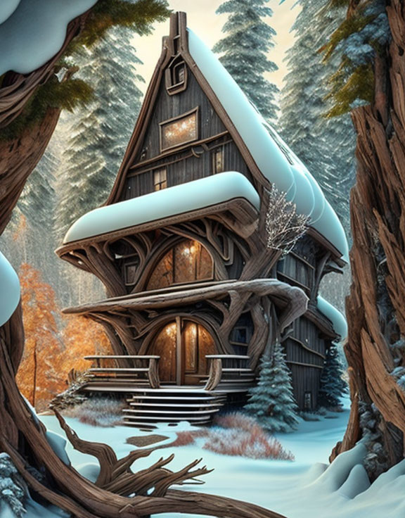 Snow-covered A-frame cabin in serene winter forest